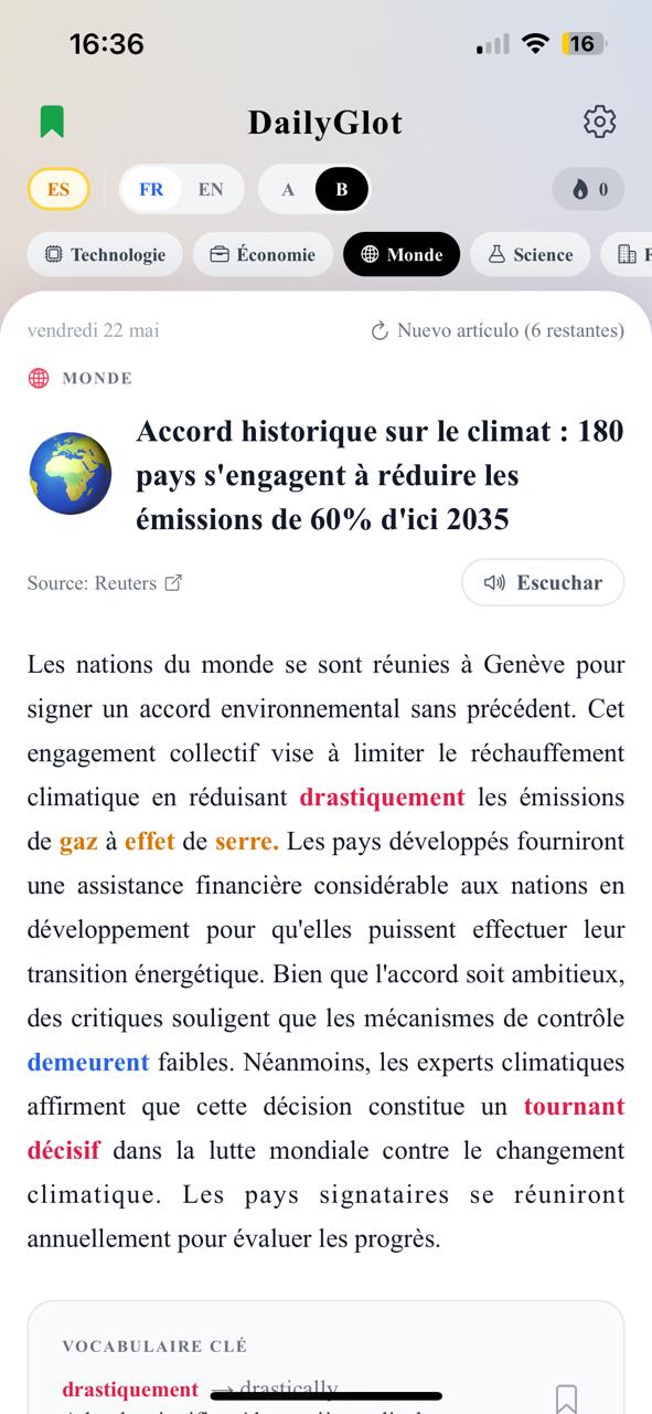 The DailyGlot feed showing six daily news stories