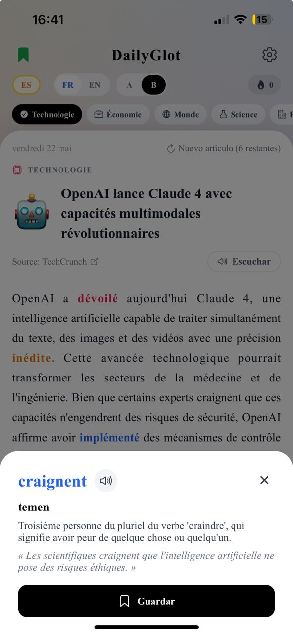 An article opened in DailyGlot with words highlighted for translation
